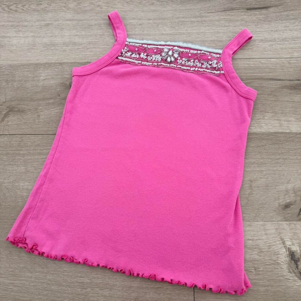 FANG Hot Pink Tank Top w Silver Sequins & Rhinestones Women's Large Vintage Y2K